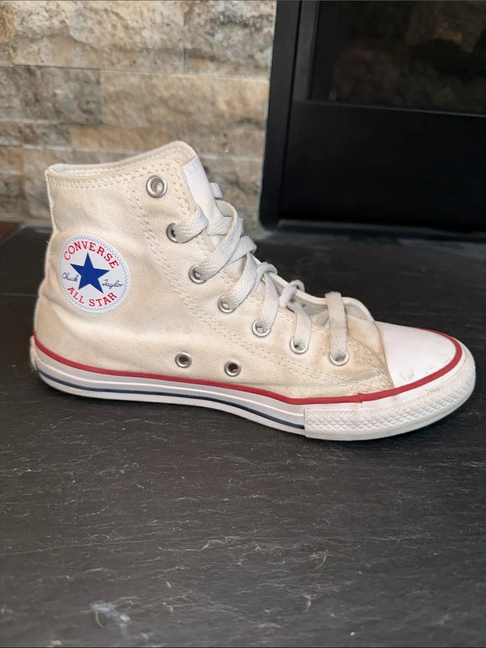 Converse High Top Sneakers - Cream with Red & Blue Accents 3Y